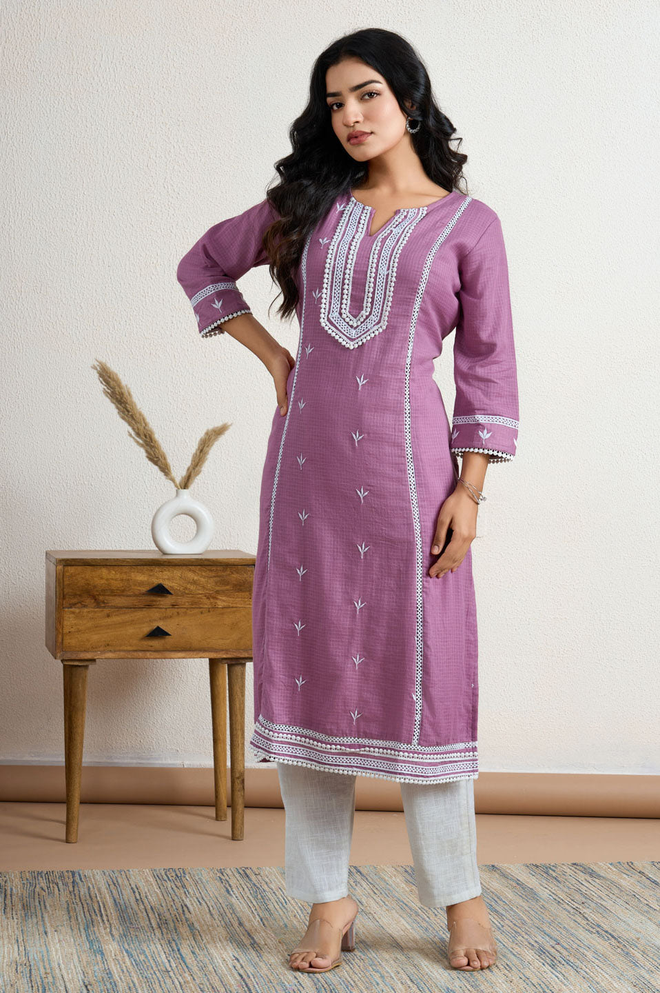 Purple lace yoke kurta