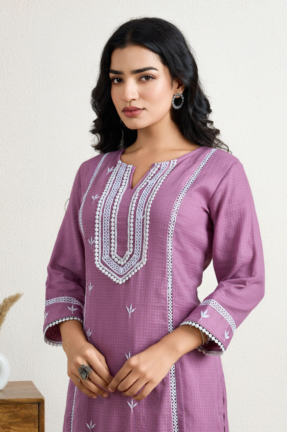 Purple lace yoke kurta