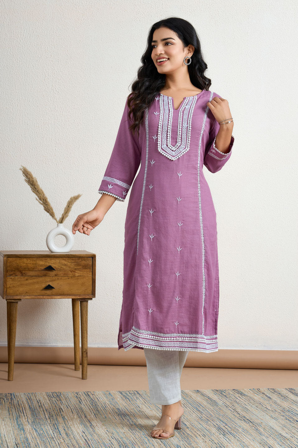 Purple lace yoke kurta