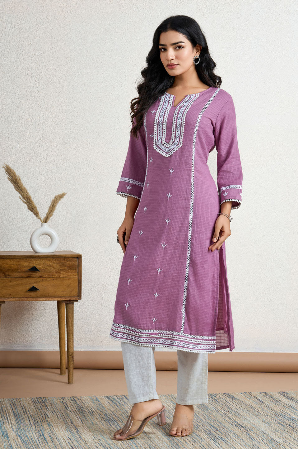 Purple lace yoke kurta