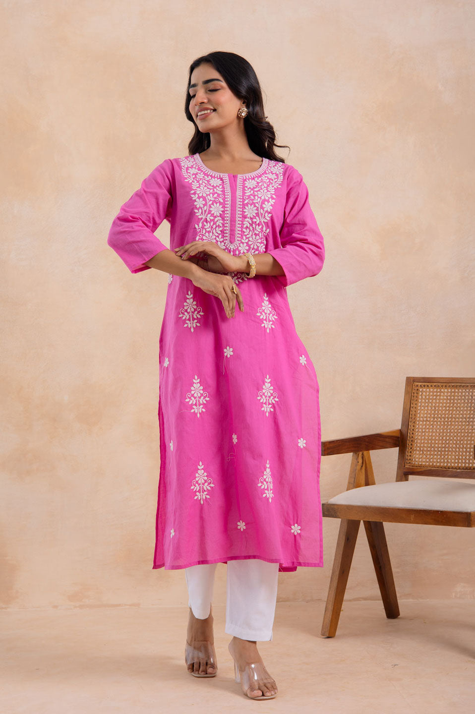 Pink Cotton Embroidered Straight Kurta
