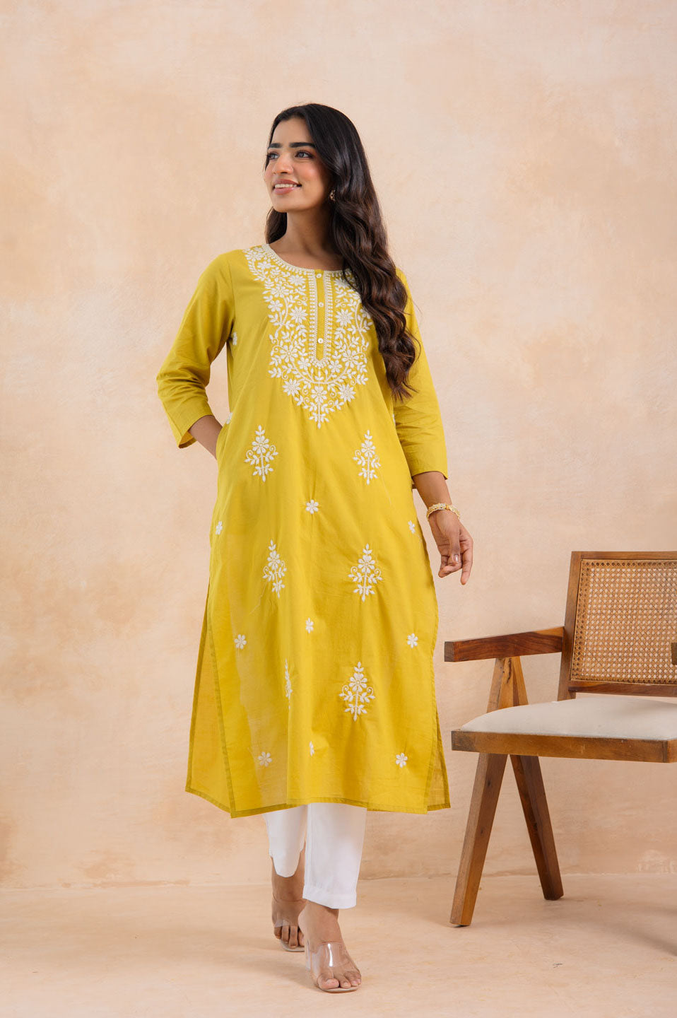 Mustard Yellow Cotton Embroidered Straight Kurta