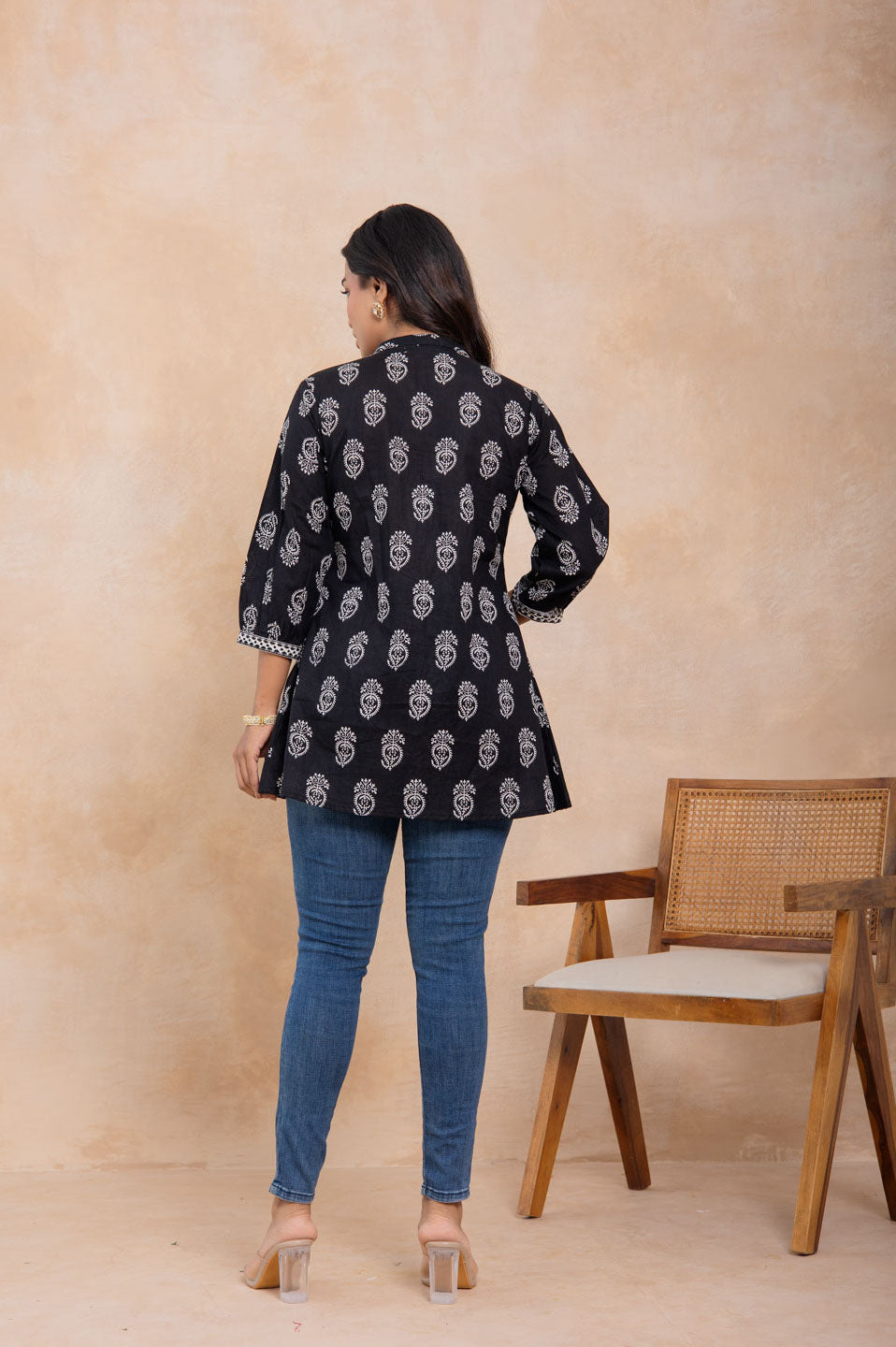 Women’s Black Handblock Printed Cotton A-Line Top