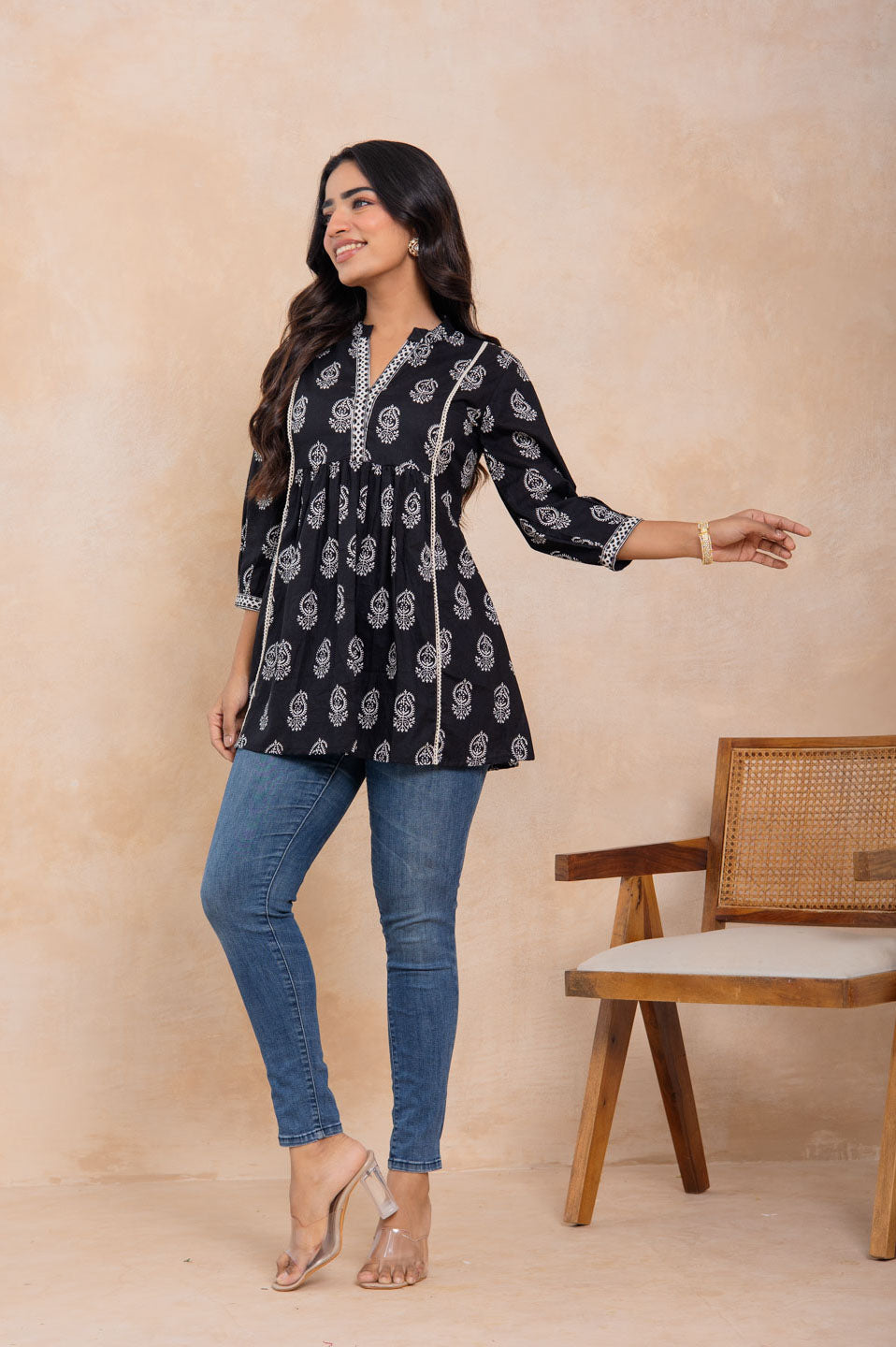 Women’s Black Handblock Printed Cotton A-Line Top