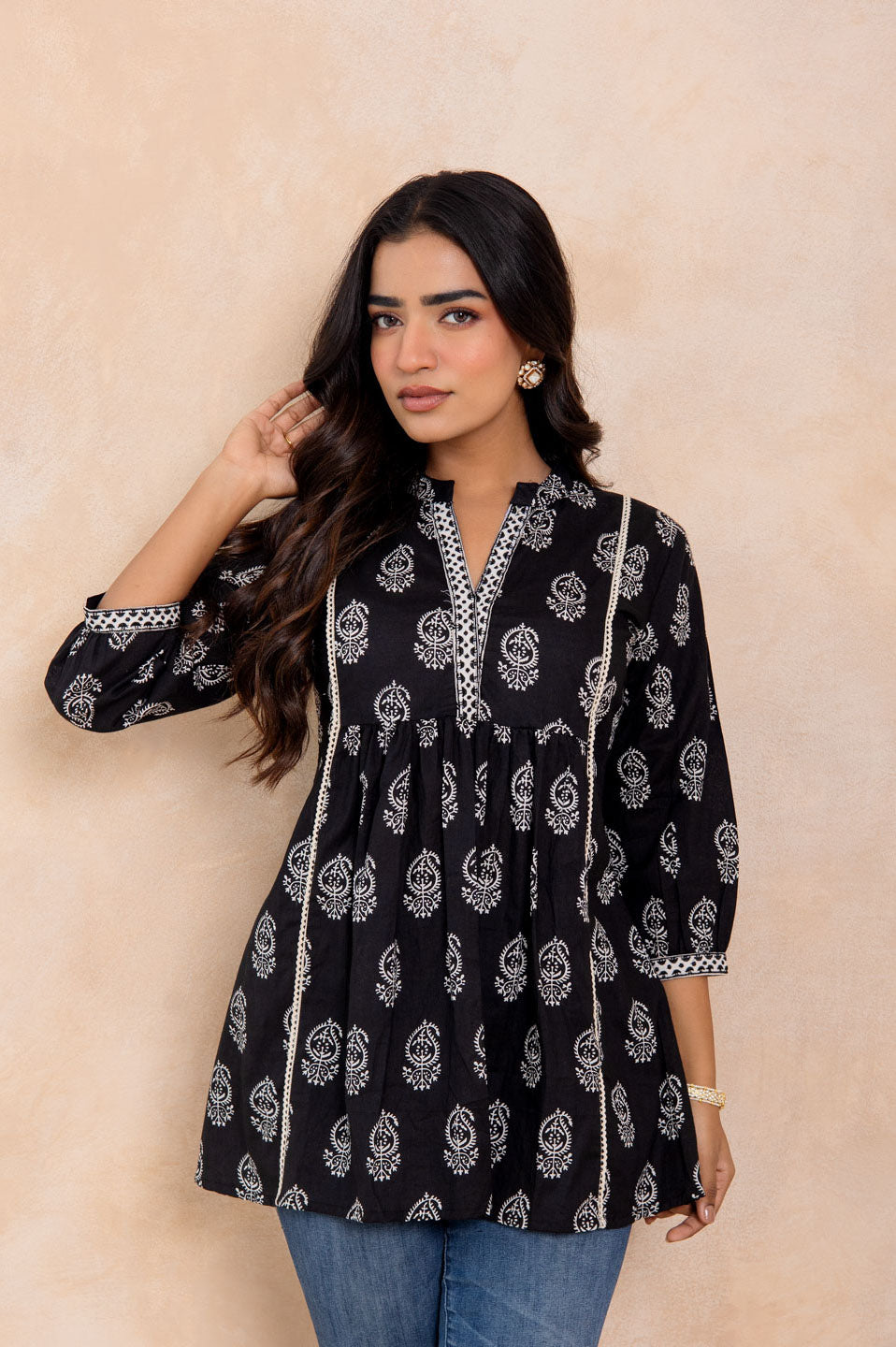 Women’s Black Handblock Printed Cotton A-Line Top