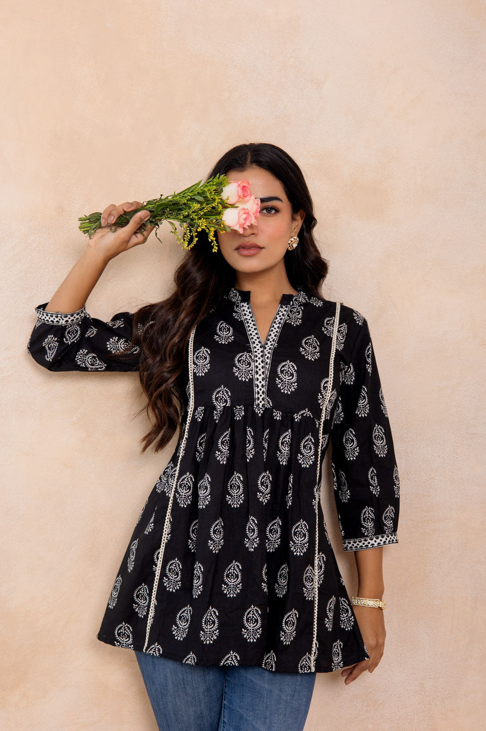 Women’s Black Handblock Printed Cotton A-Line Top