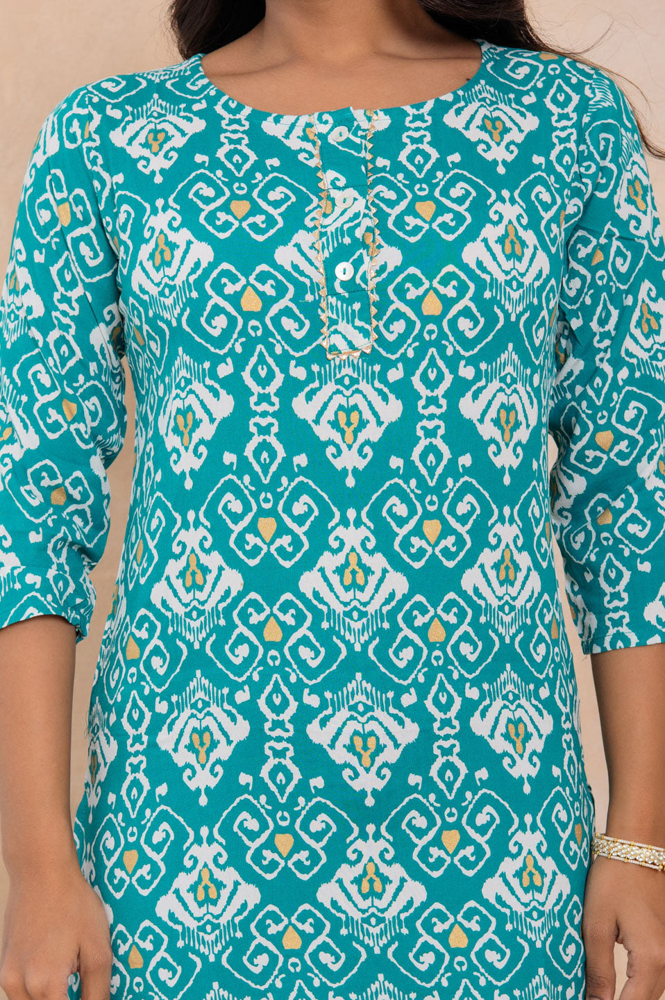 Women’s Teal Ikat Printed Cotton Straight Kurti