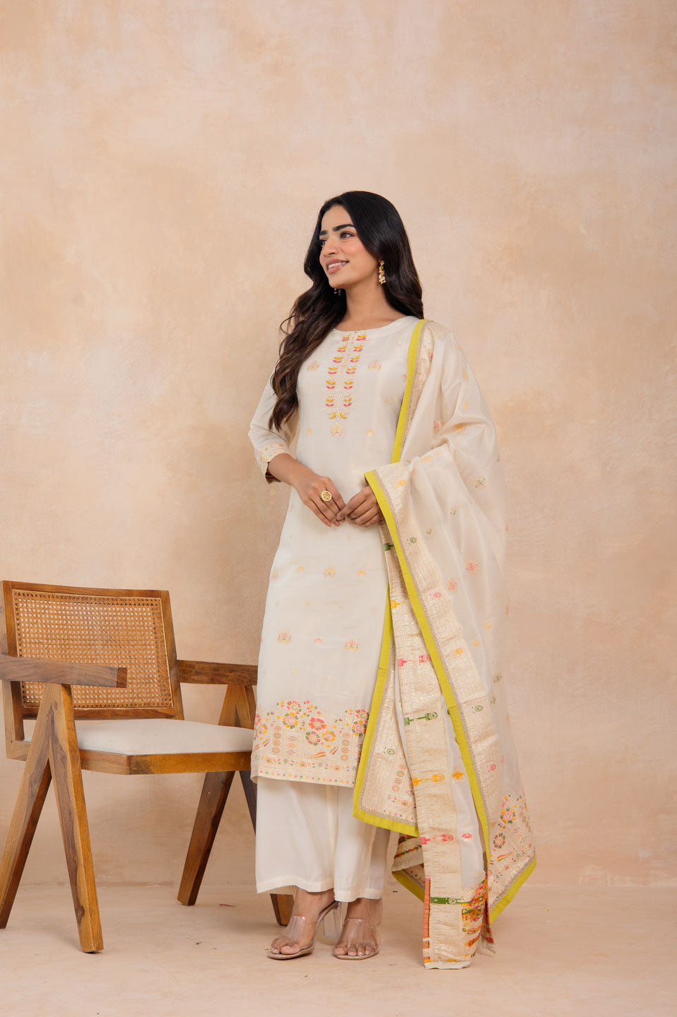 Cream Embroidered Straight Kurta Set with Dupatta