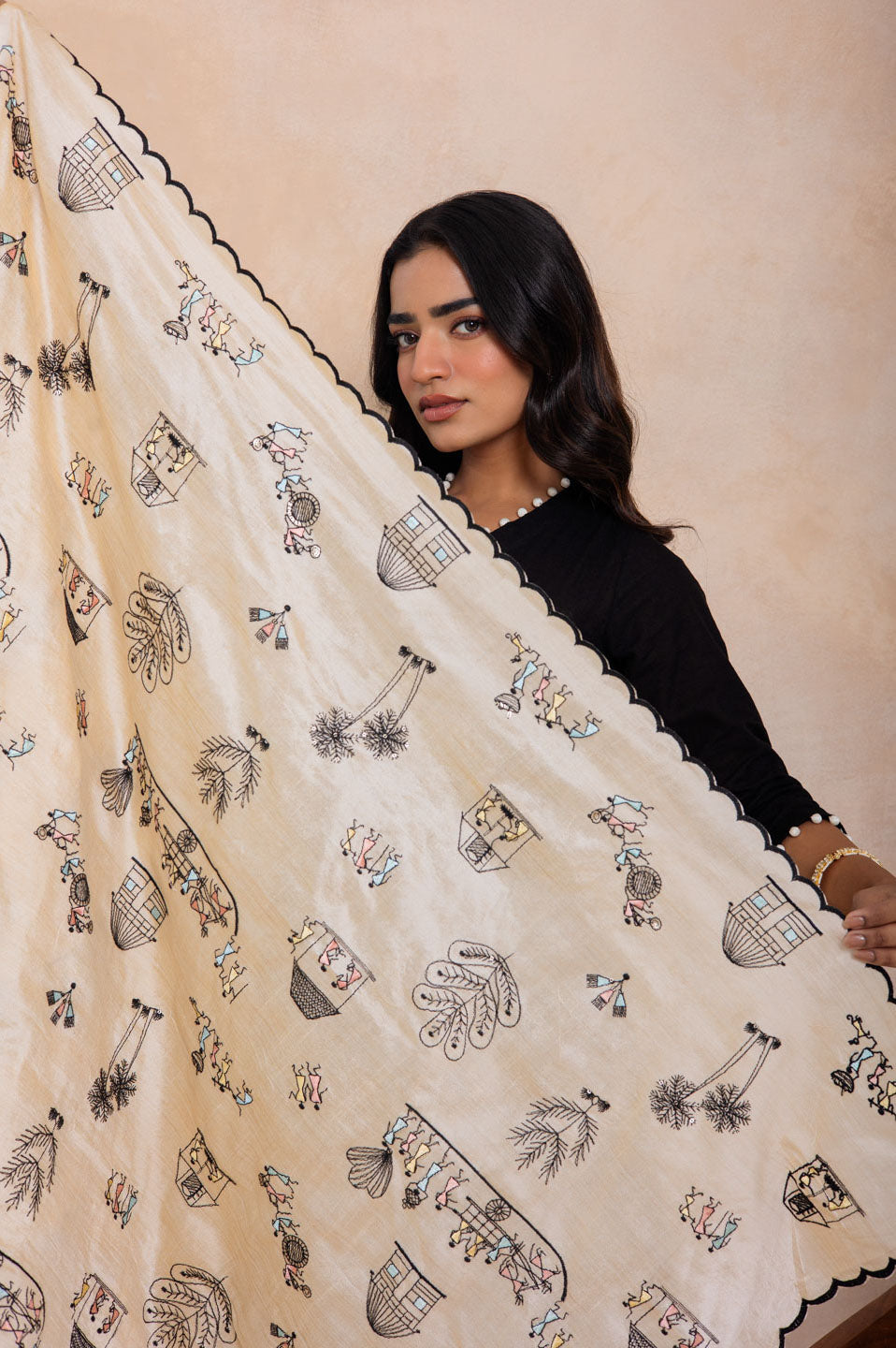 Black Flared Kurta Set with Printed Brocade Dupatta