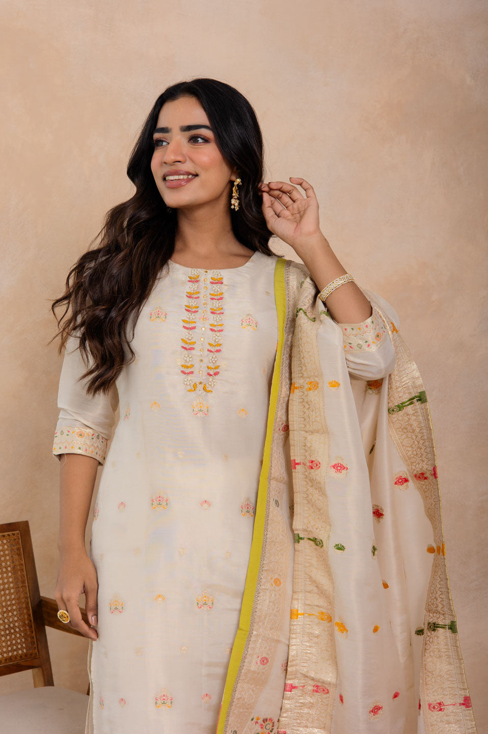 Cream Embroidered Straight Kurta Set with Dupatta