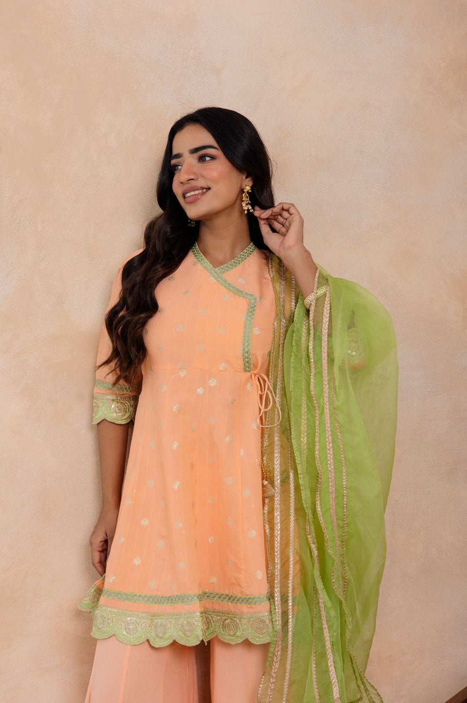 Peach Embroidered Sharara Set with Green Dupatta