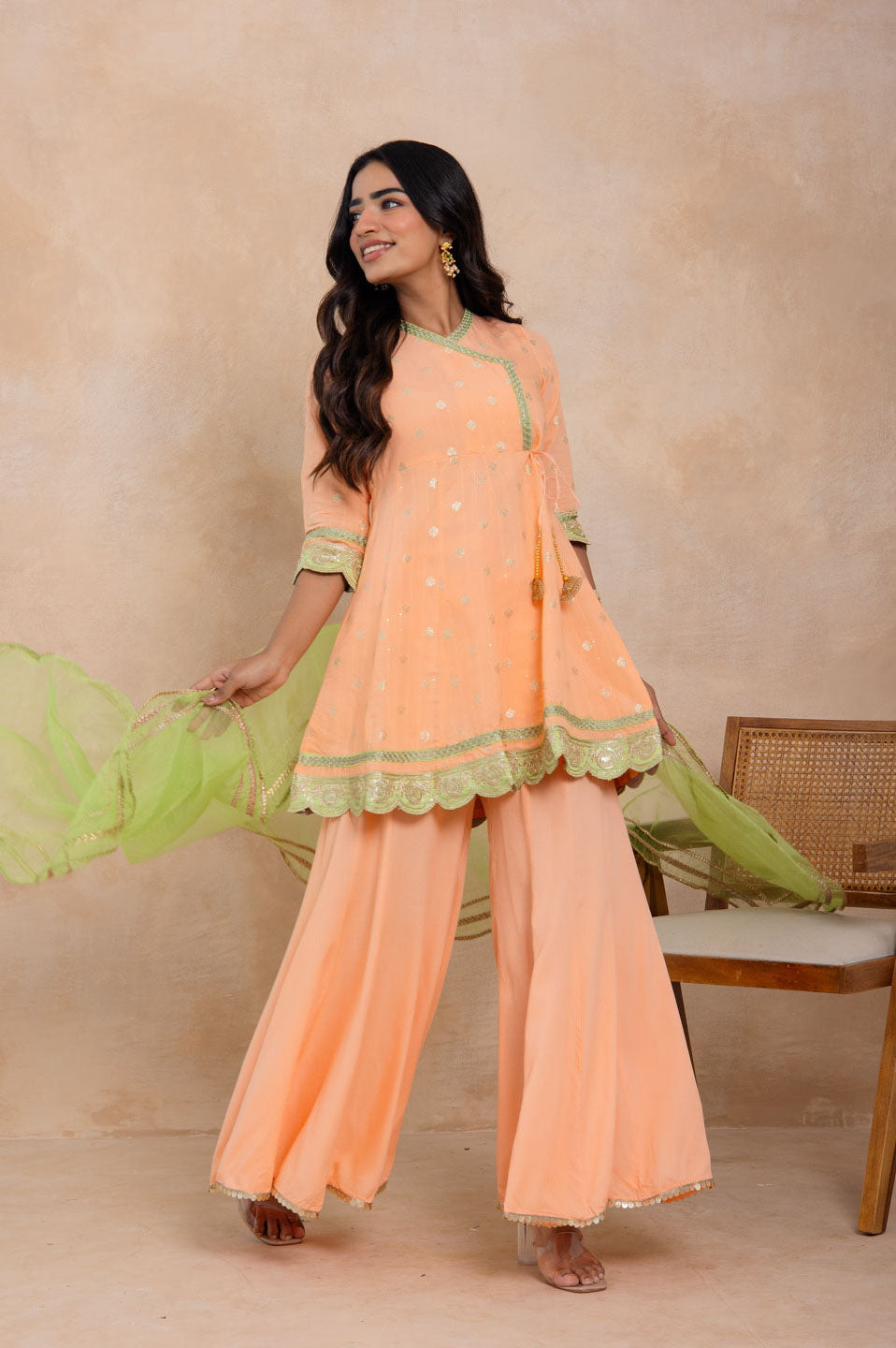 Peach Embroidered Sharara Set with Green Dupatta