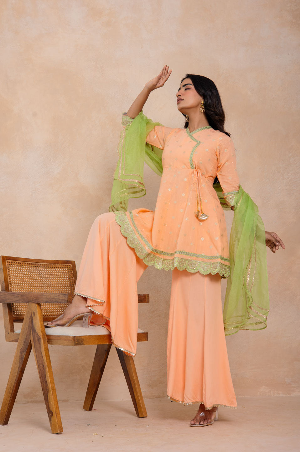 Peach Embroidered Sharara Set with Green Dupatta