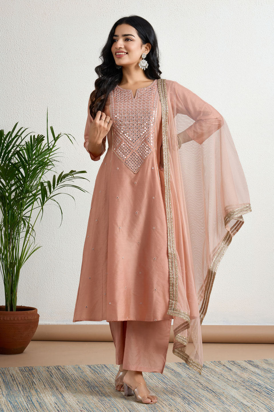 Peach yoke Embroidery suit set