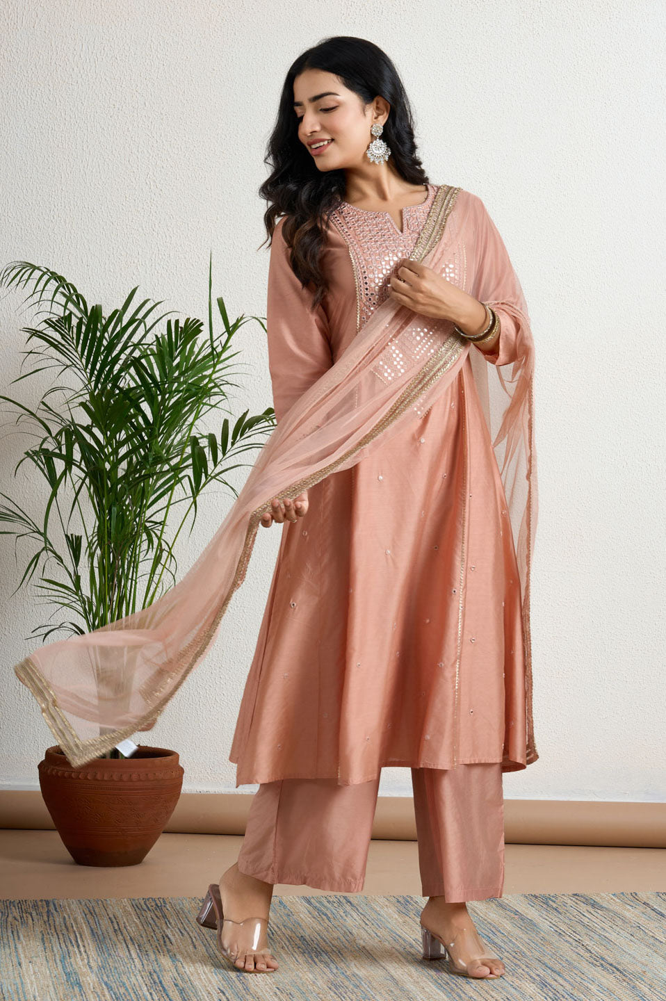 Peach yoke Embroidery suit set