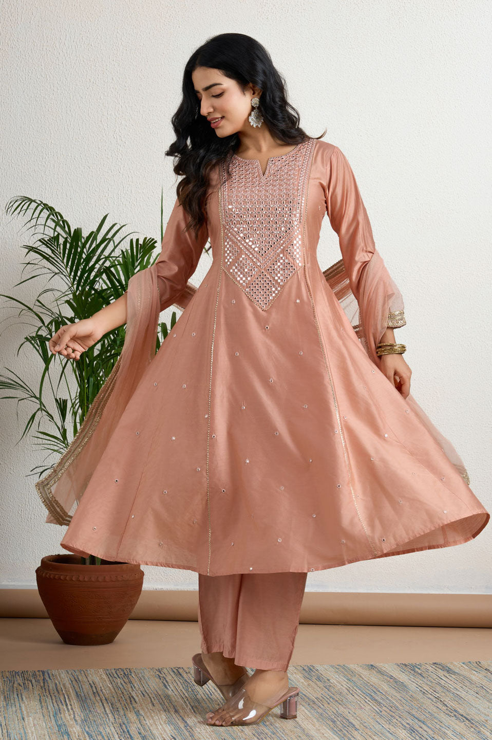 Peach yoke Embroidery suit set