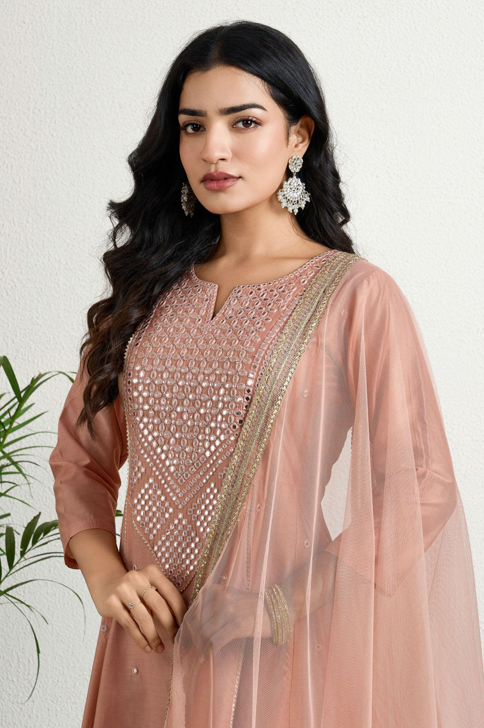 Peach yoke Embroidery suit set