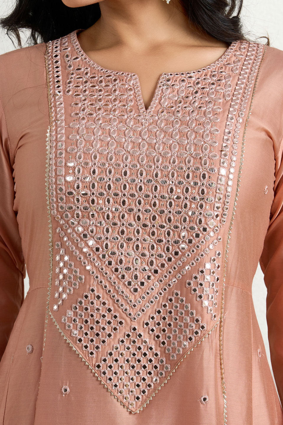 Peach yoke Embroidery suit set