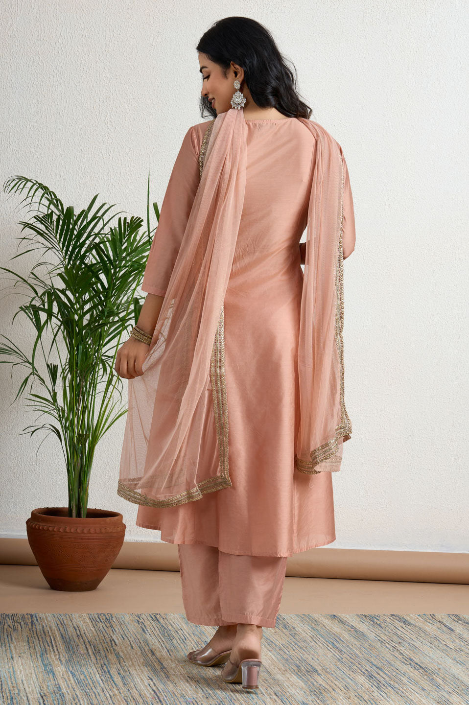 Peach yoke Embroidery suit set