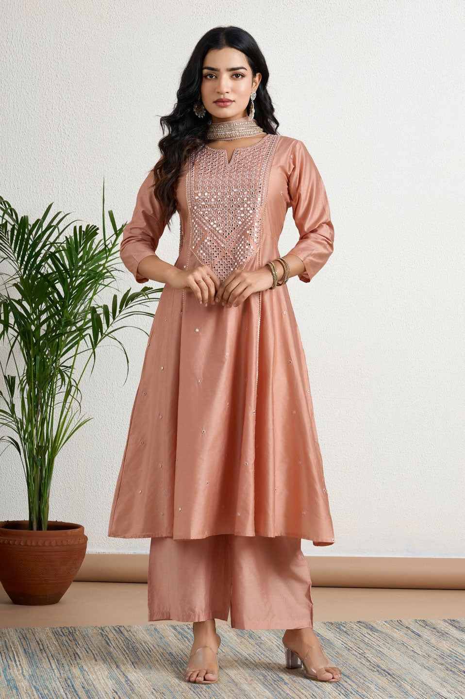Peach yoke Embroidery suit set