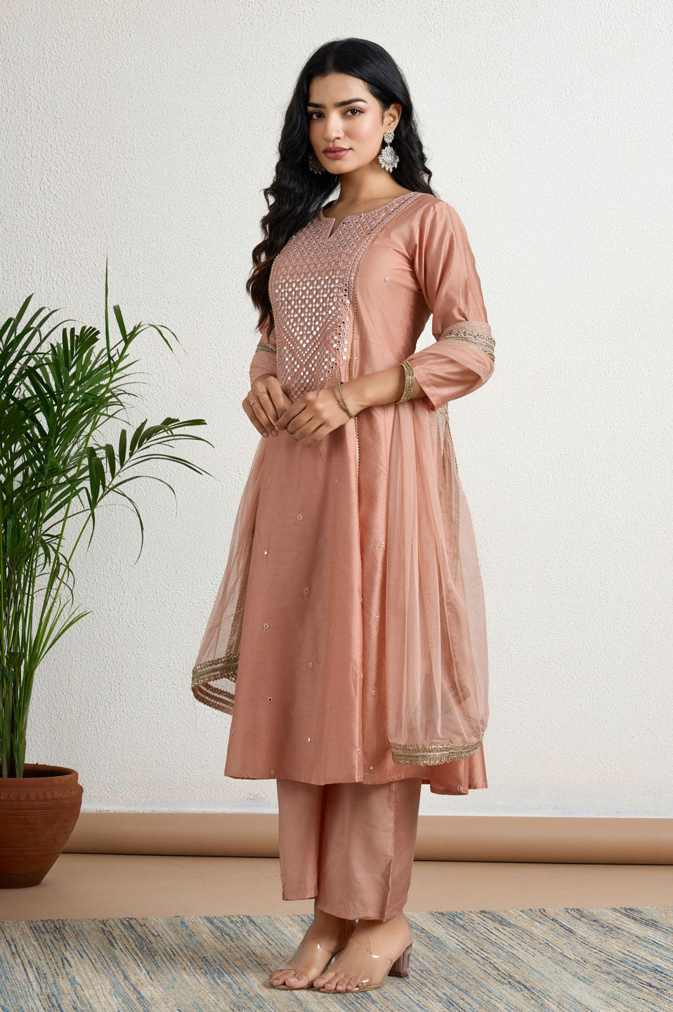 Peach yoke Embroidery suit set