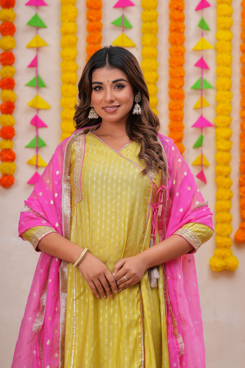 Lime Blend Angrakha Anarkali Set with Pink Dupatta