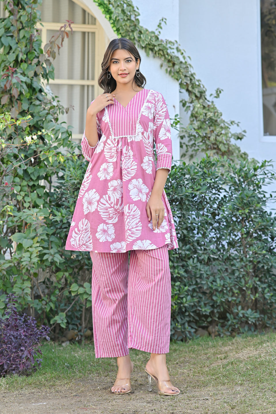 Pink Floral Fusion Kurta Set