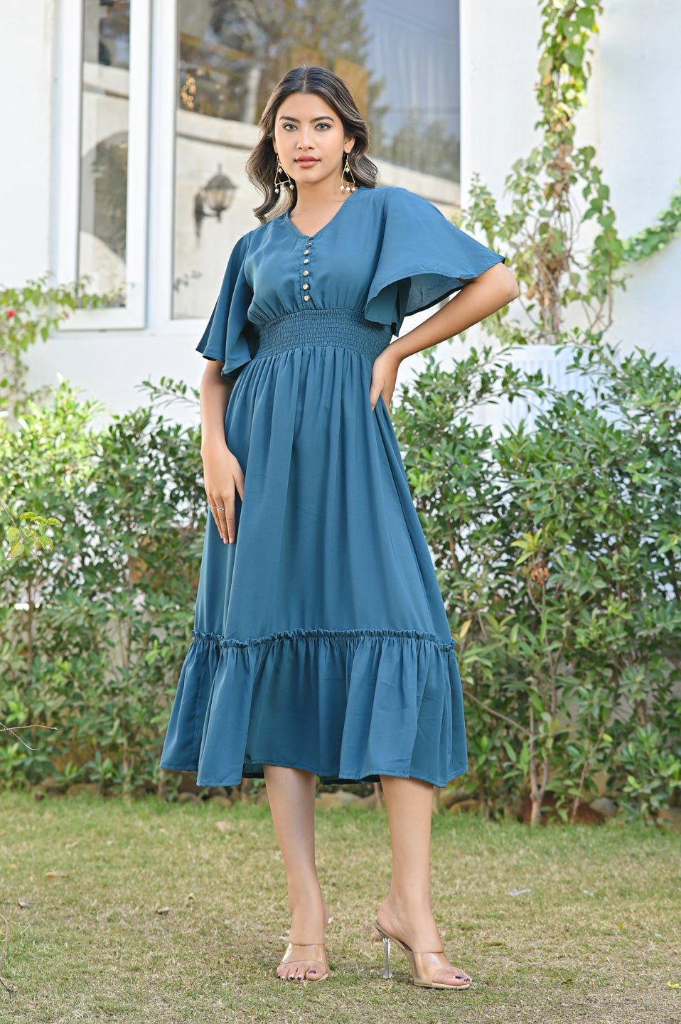 Forest Green Georgette Tiered Dress