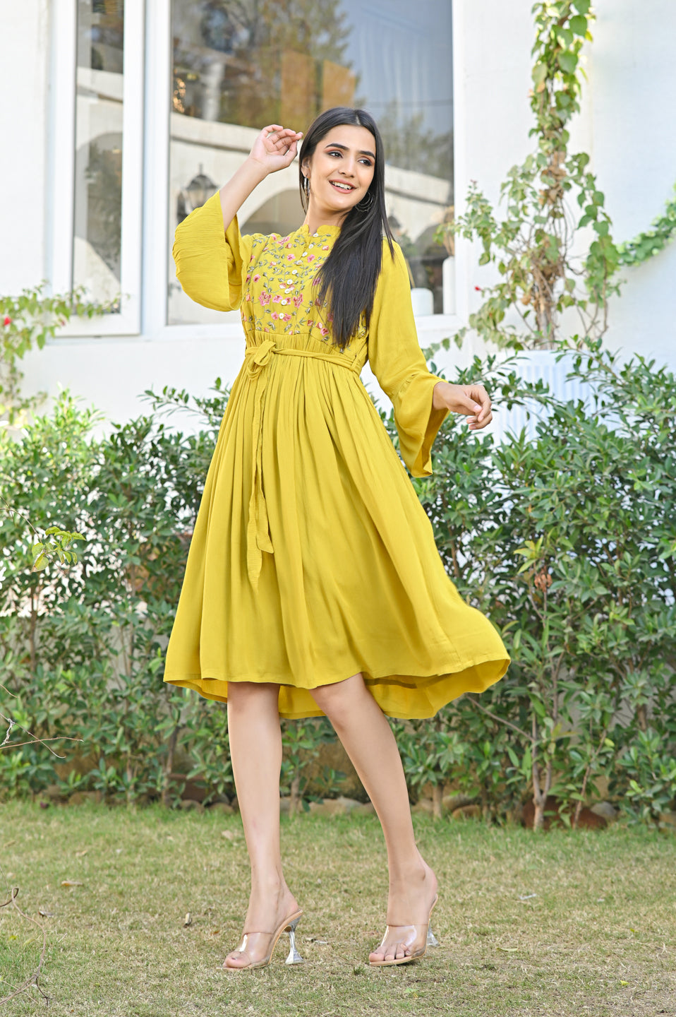 Shop Mustard Embroidered Crepe Dress