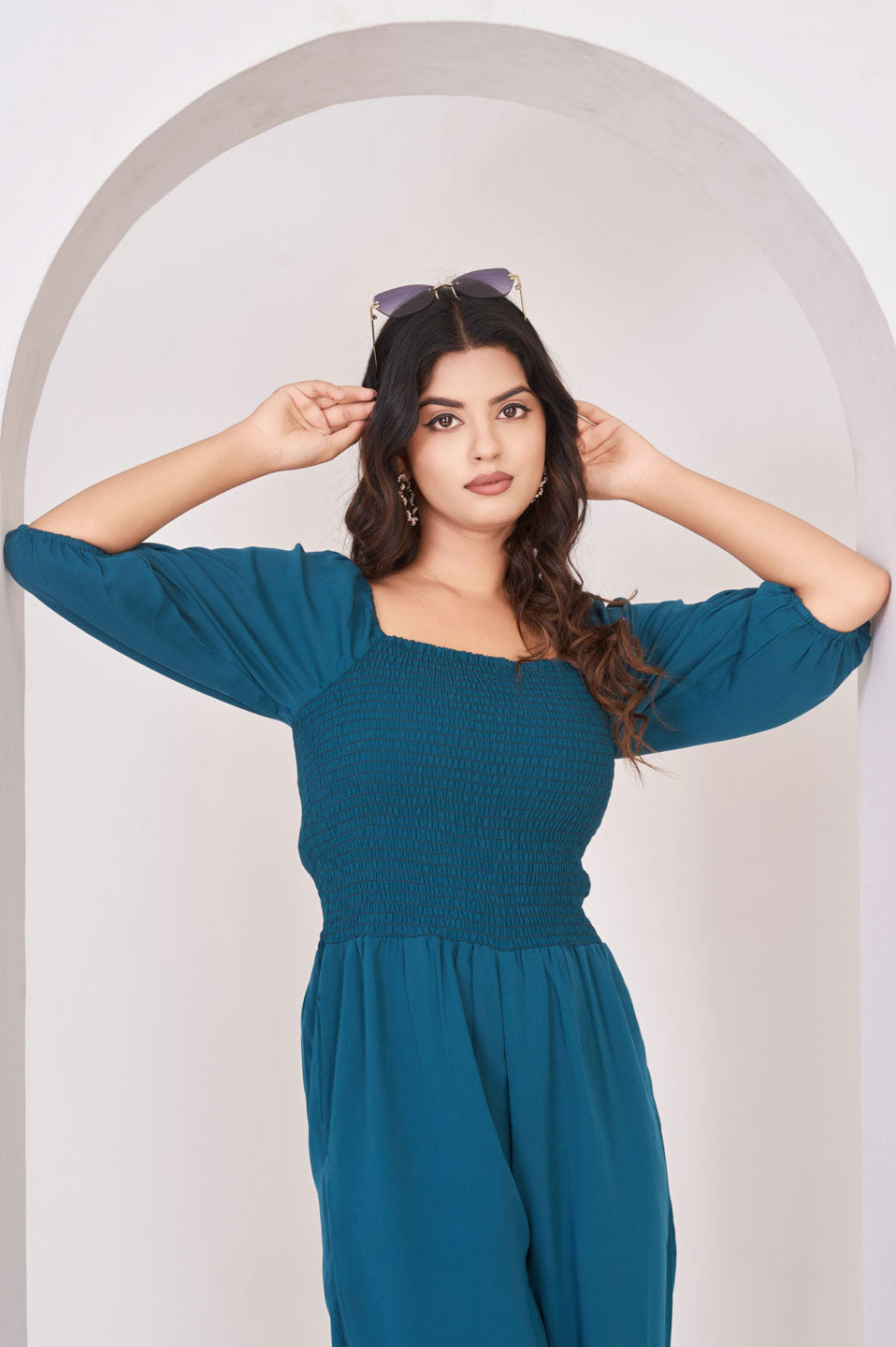 Teal Smocked georgette jumpsuit