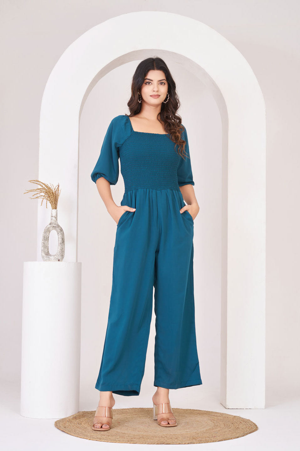 Teal Smocked georgette jumpsuit