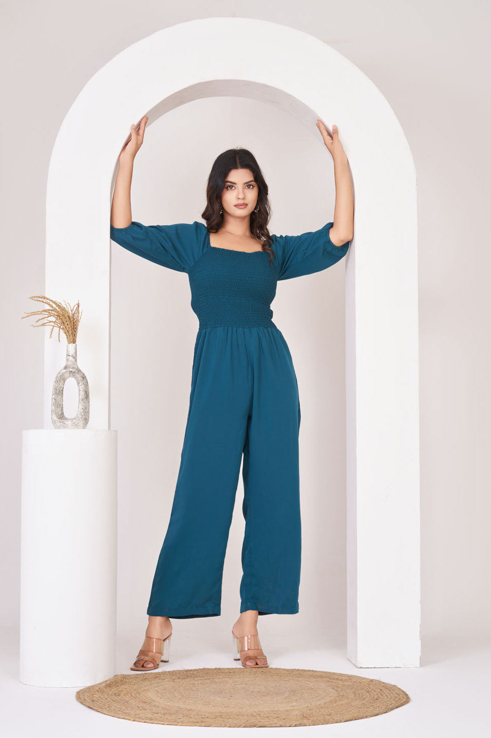 Teal Smocked georgette jumpsuit