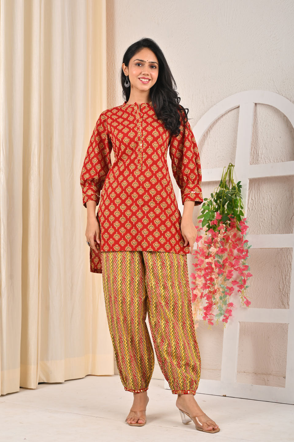 Red & Yellow Printed Cotton Kurta with Patiala Pants