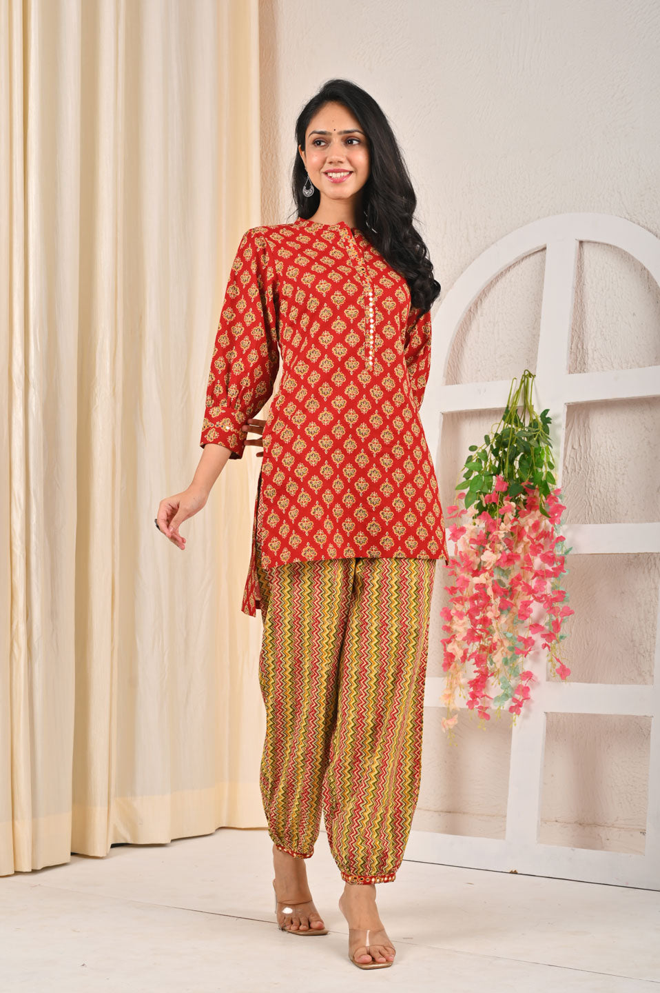 Red & Yellow Printed Cotton Kurta with Patiala Pants