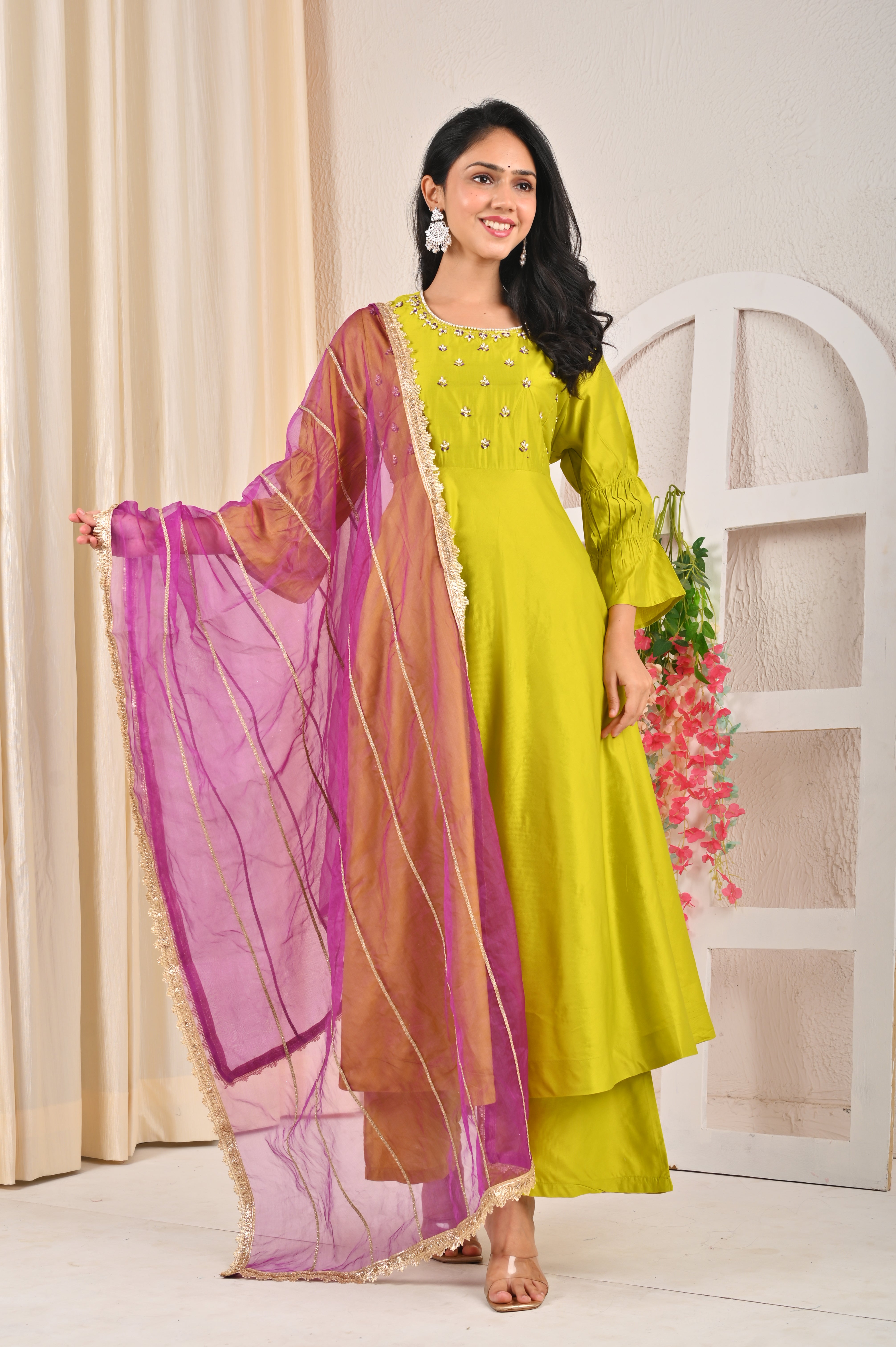 Lime Green Ghadwal Anarkali suit Set