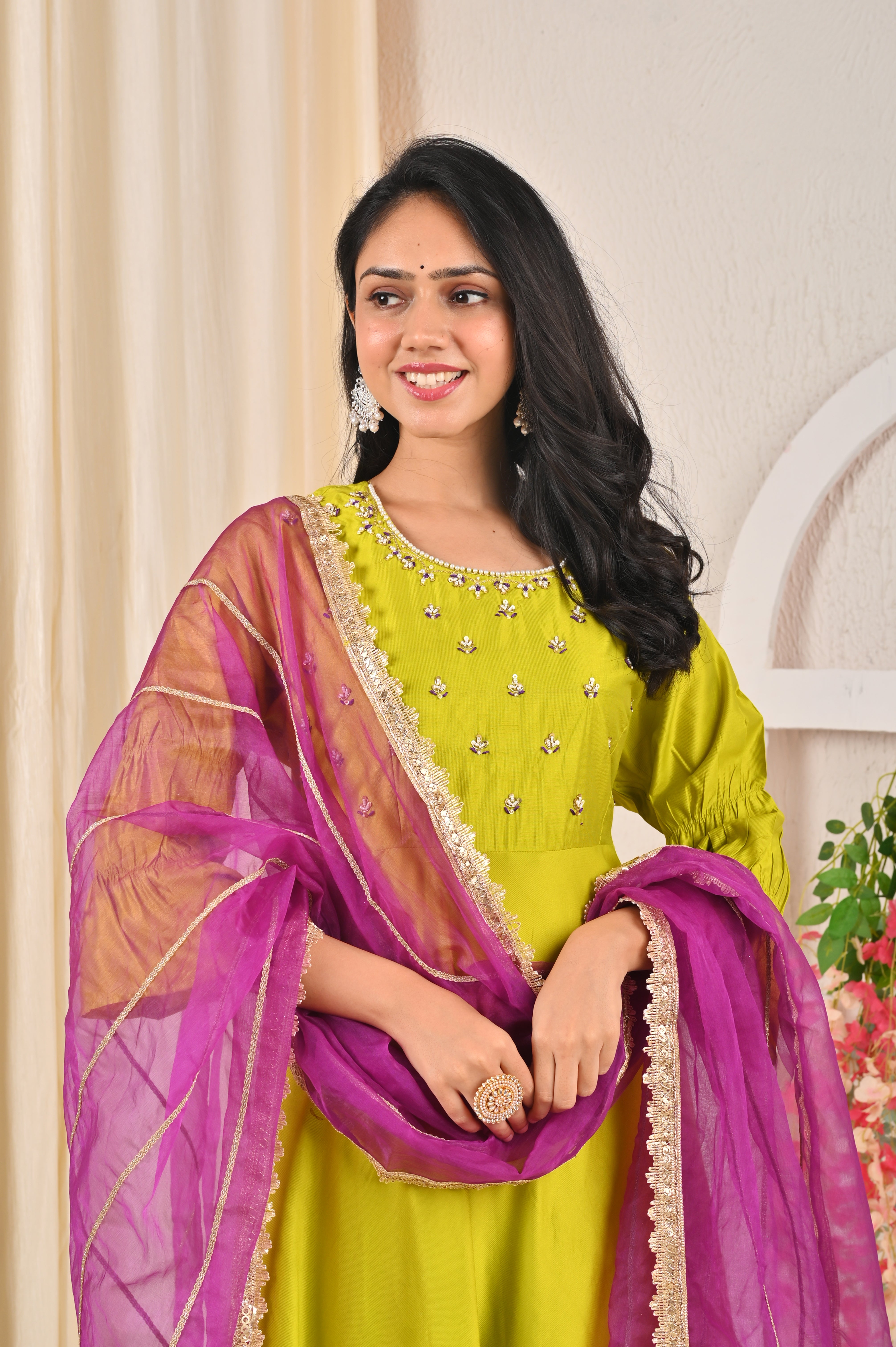 Lime Green Ghadwal Anarkali suit Set