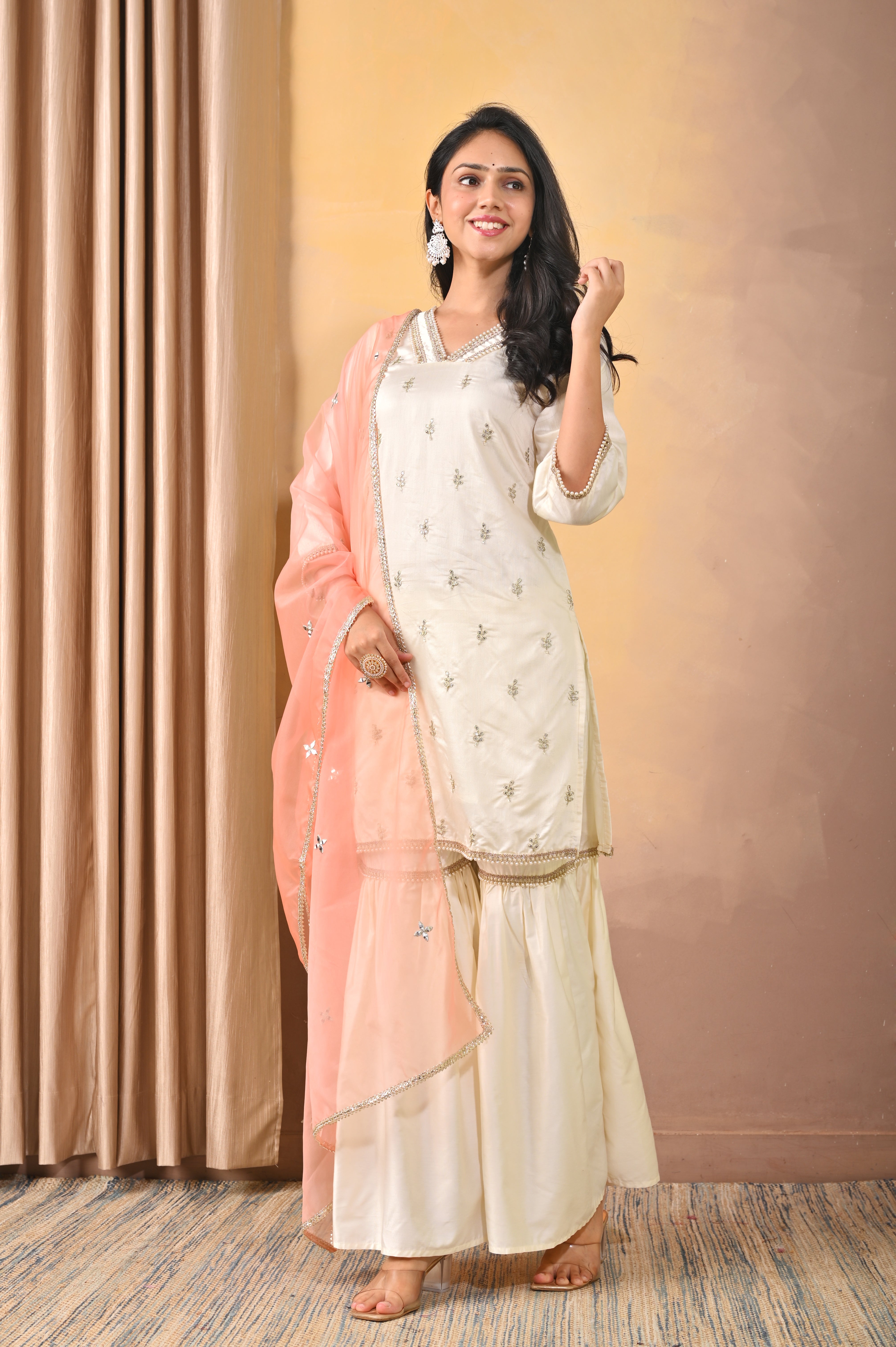 Handcrafted Ivory Ghadwal Fabric Sharara Set