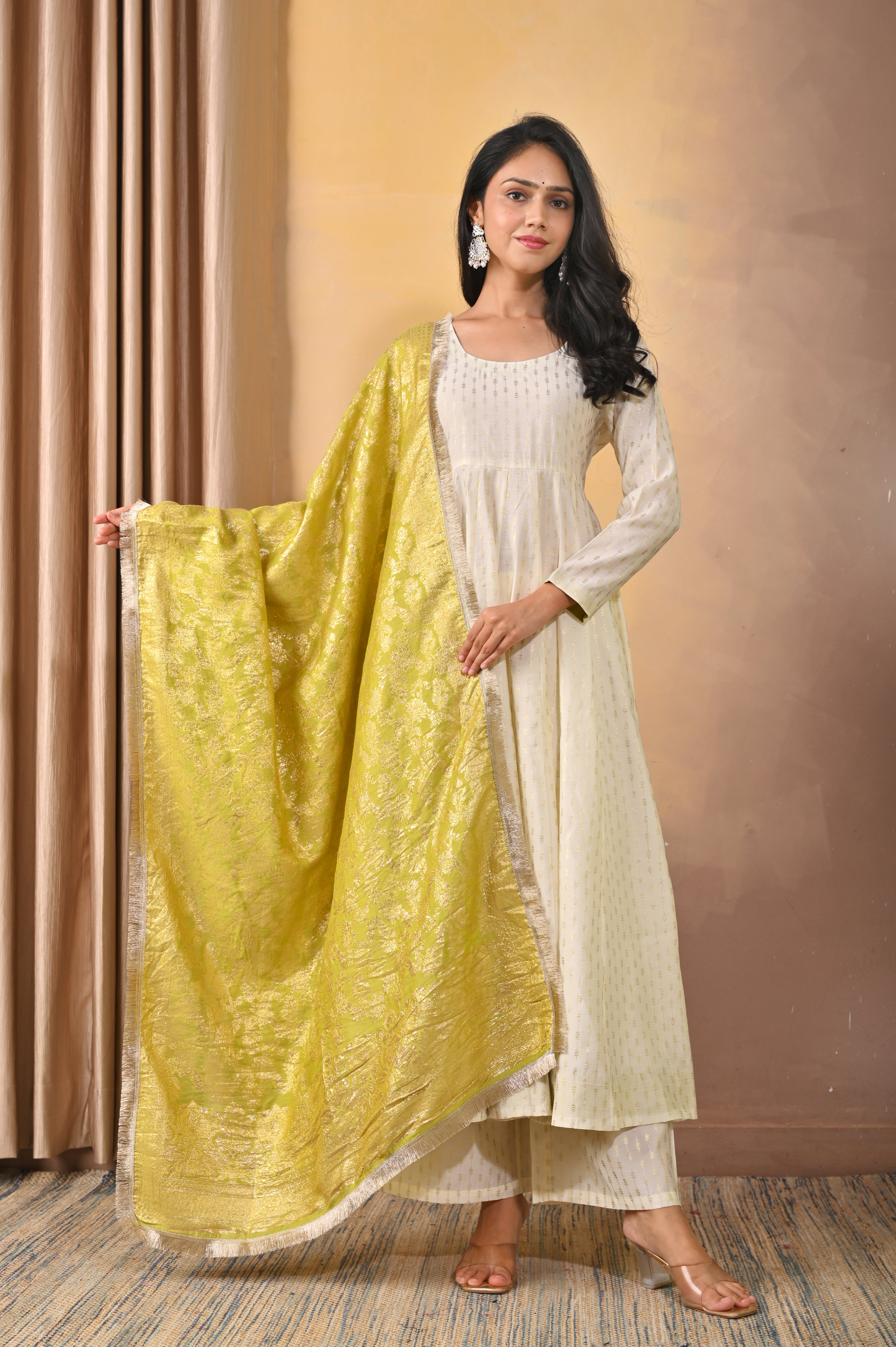 Elegant Ivory Poly Printed Anarkali Set