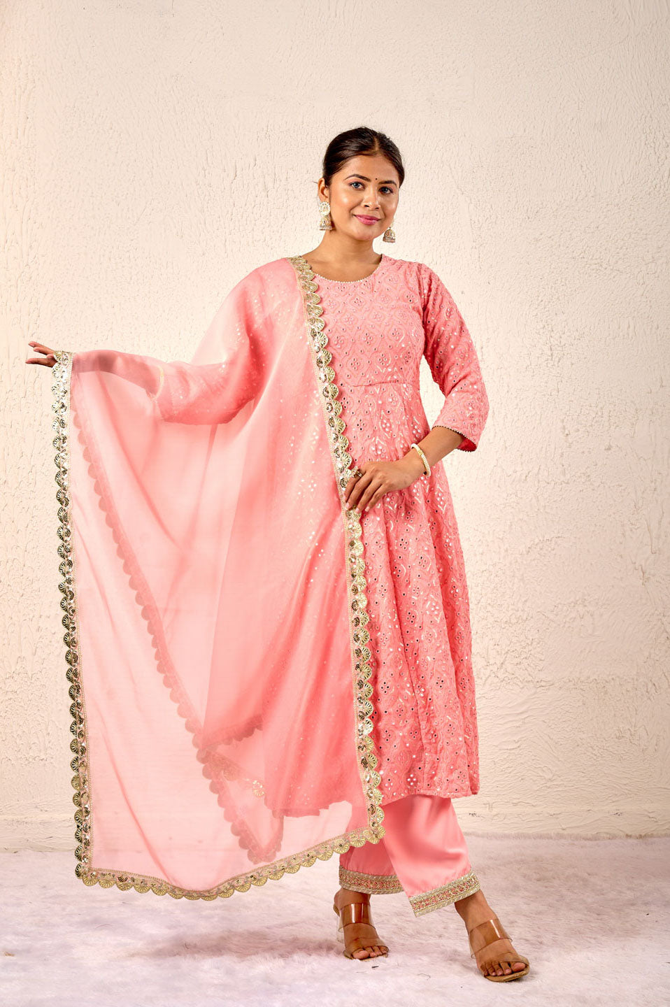 Elegant Peach Embroidered Anarkali Suit Set