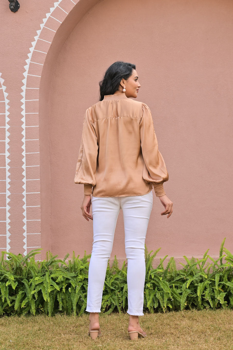 Elegant Beige Satin Top with Button-Down Front Smocked Sleeves