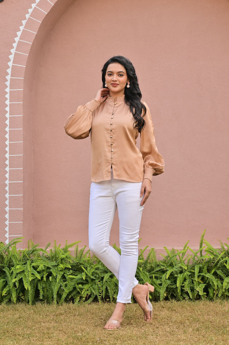 Elegant Beige Satin Top with Button-Down Front Smocked Sleeves