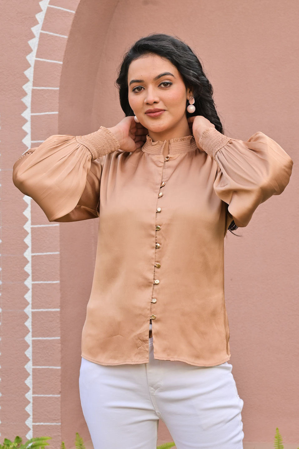 Elegant Beige Satin Top with Button-Down Front Smocked Sleeves
