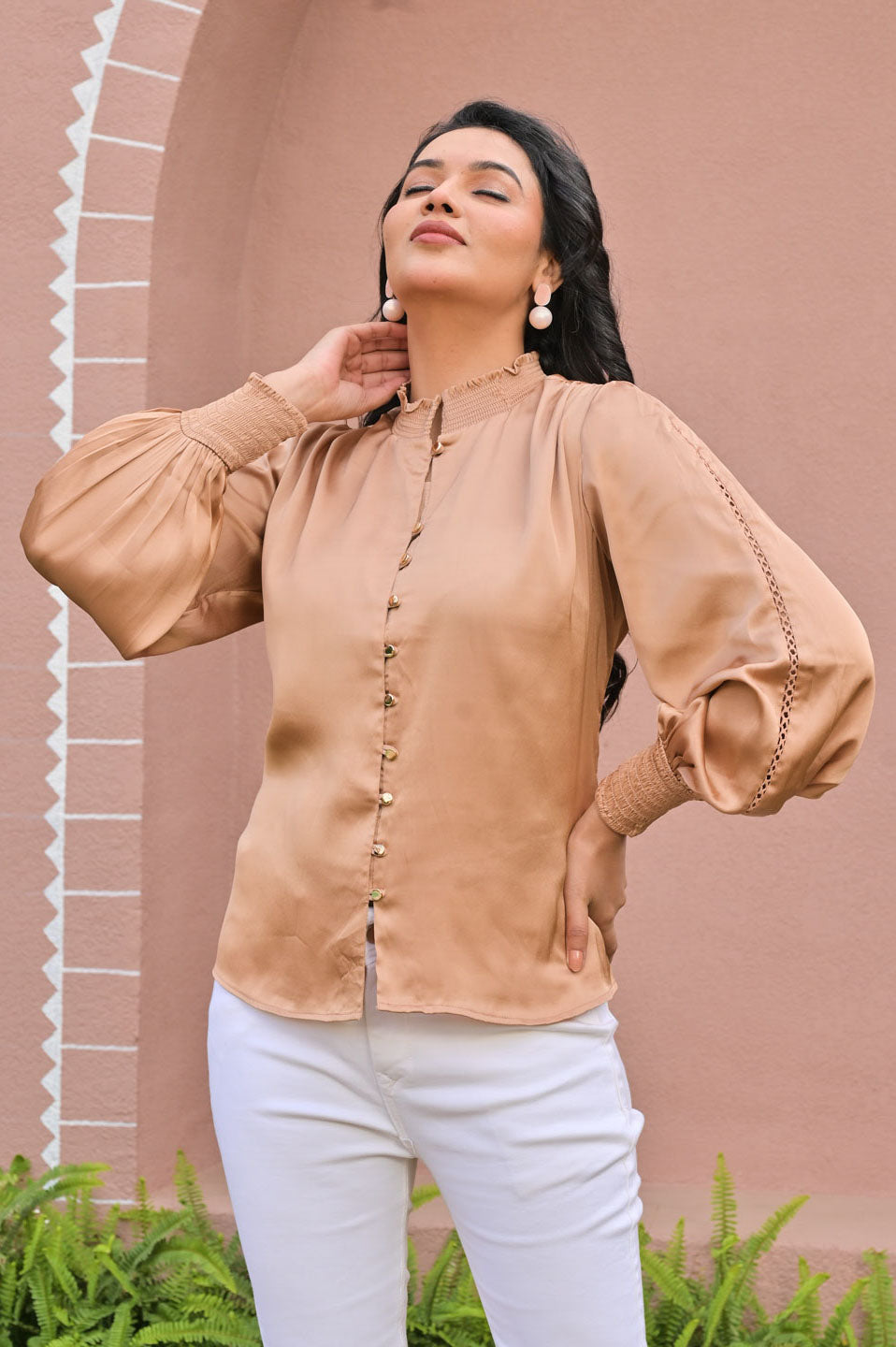 Elegant Beige Satin Top with Button-Down Front Smocked Sleeves