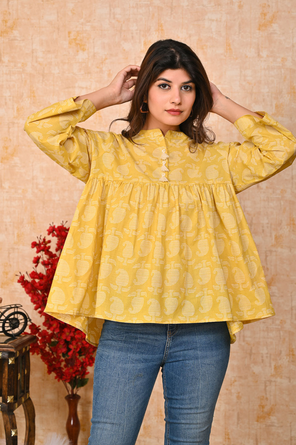Yellow printed floral Kurti