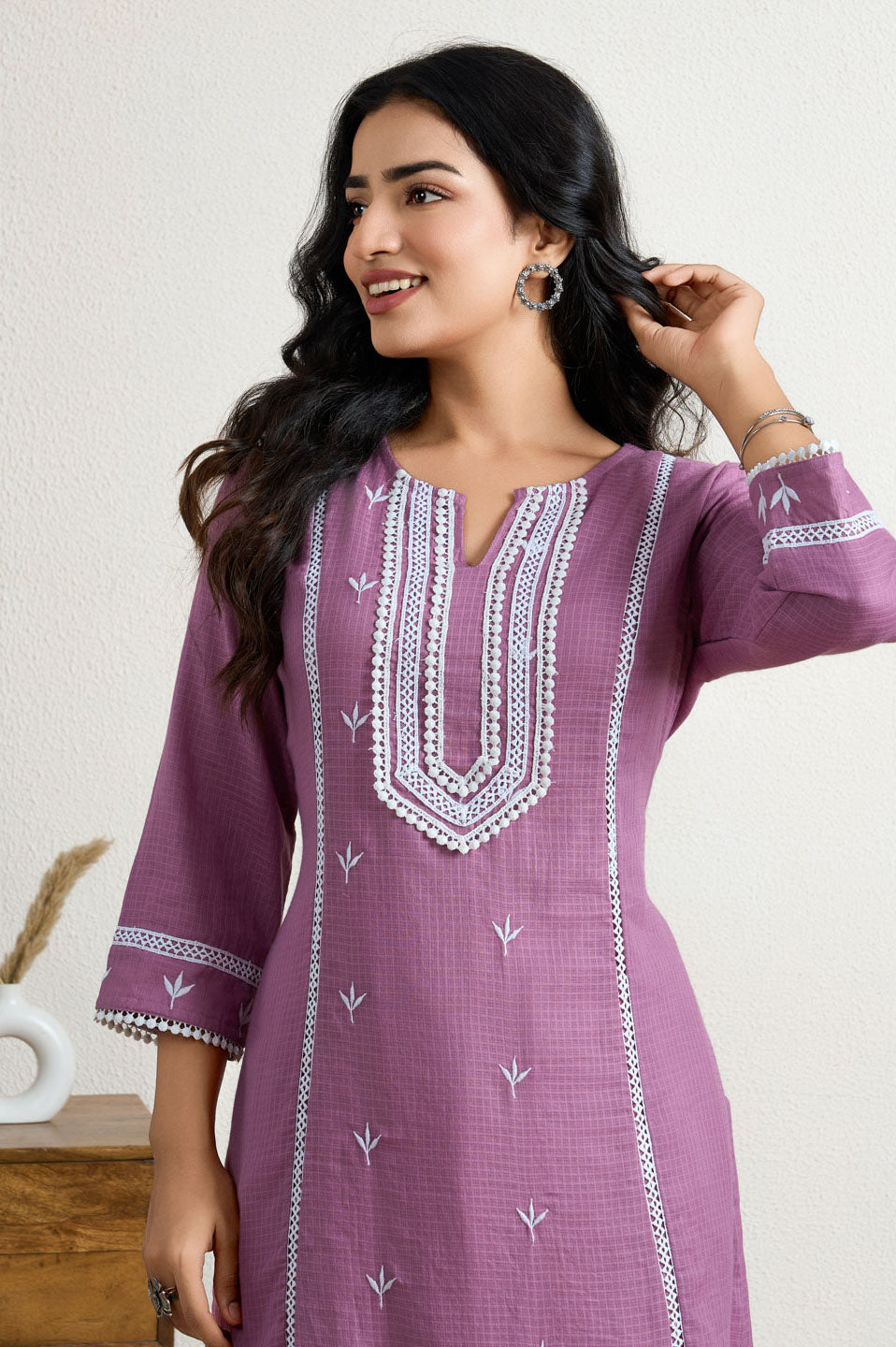 Purple lace yoke kurta