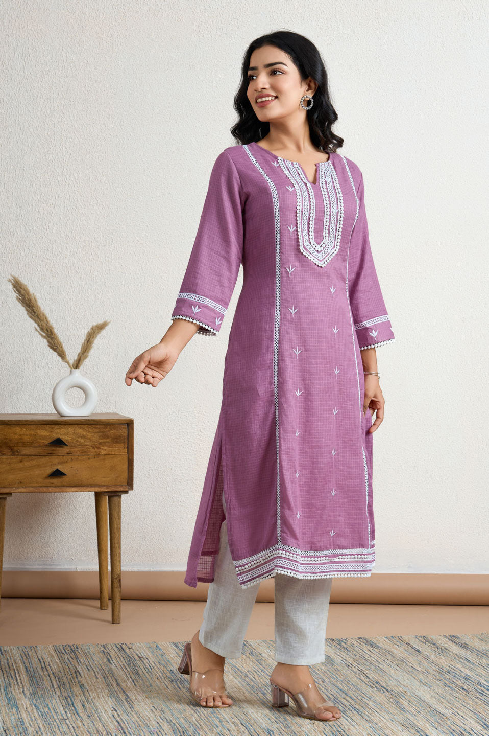 Purple lace yoke kurta