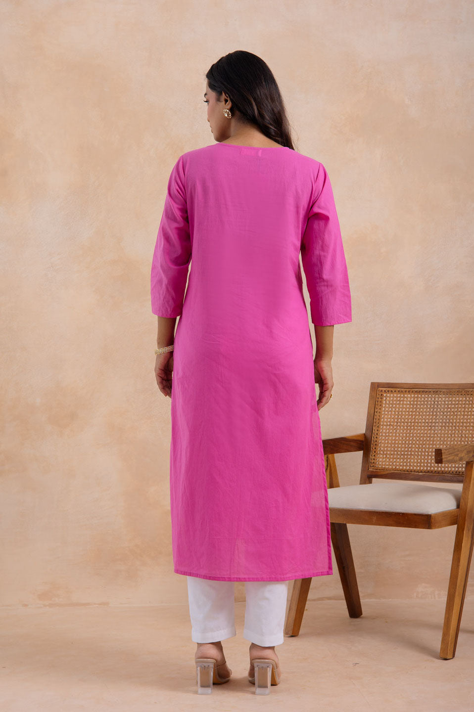 Pink Cotton Embroidered Straight Kurta