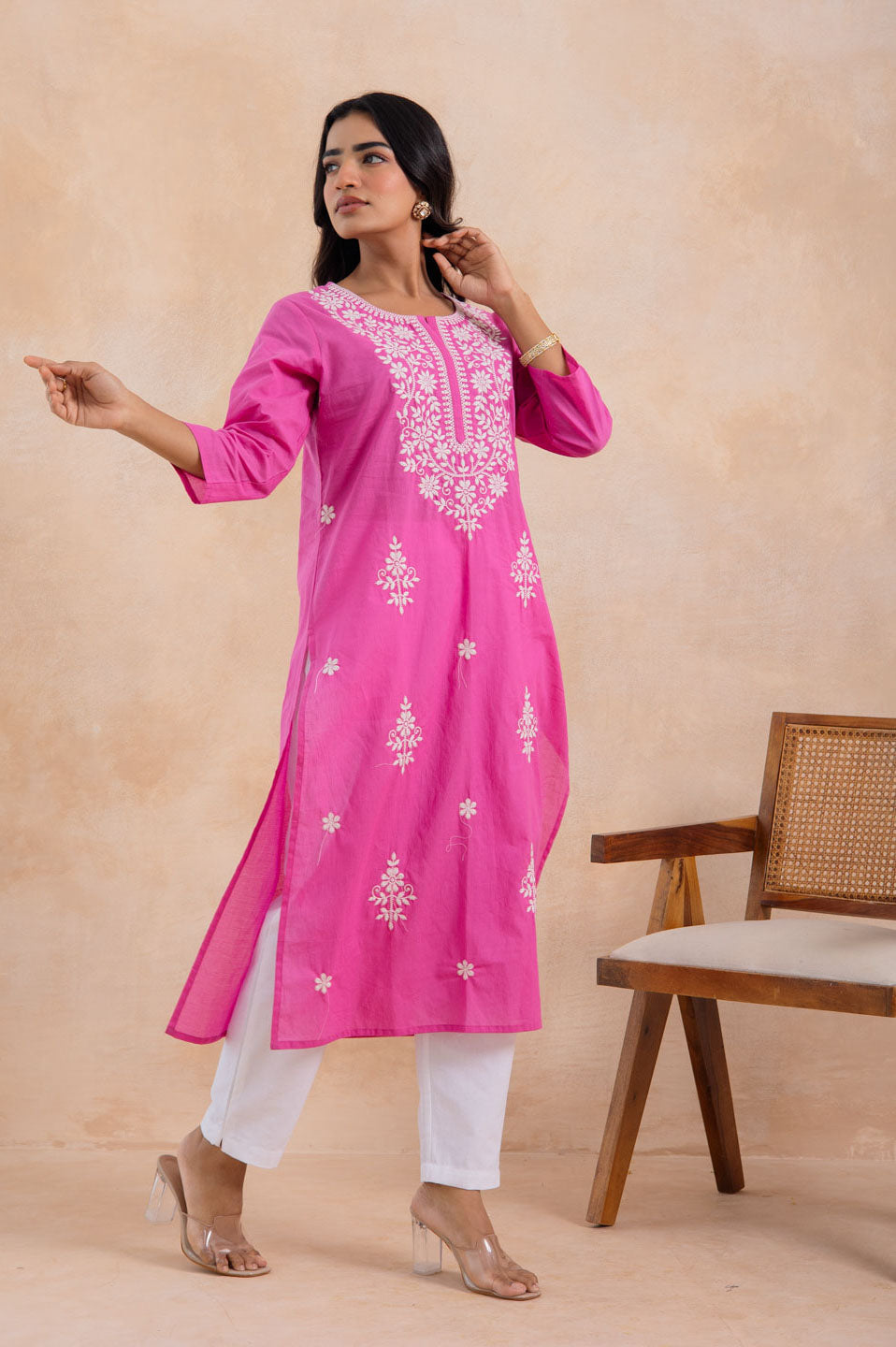 Pink Cotton Embroidered Straight Kurta