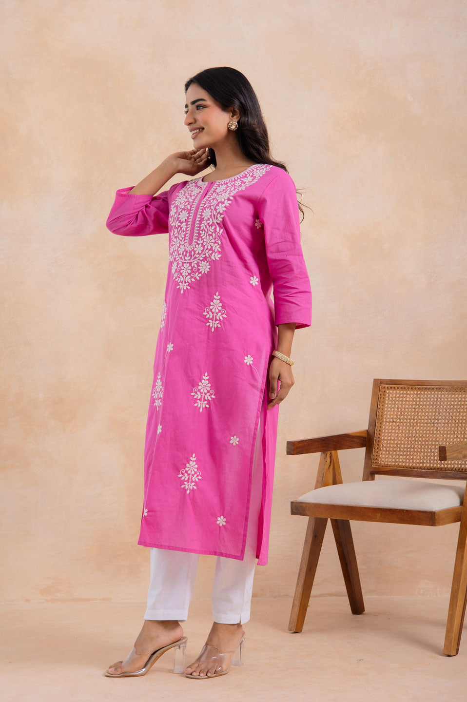 Pink Cotton Embroidered Straight Kurta
