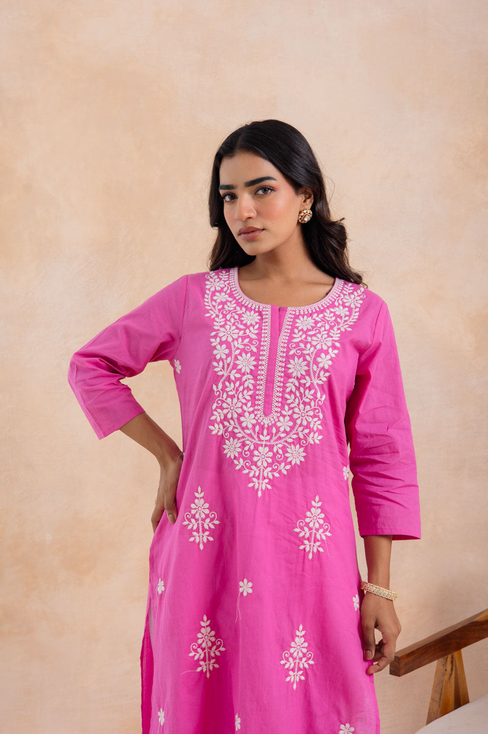 Pink Cotton Embroidered Straight Kurta